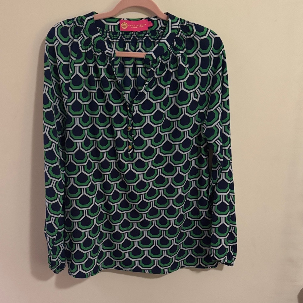 Macbeth Collection Navy and Lime Green Geometric Blouse